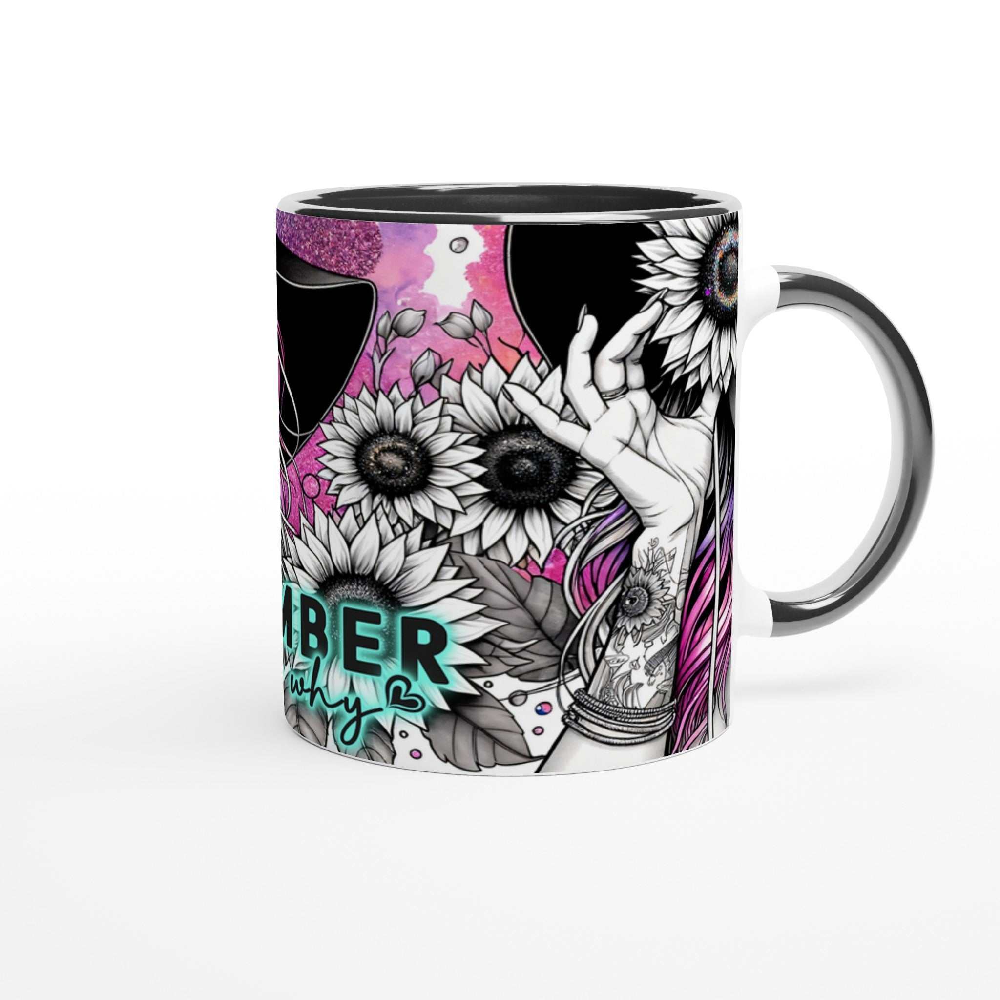Inspirational "Remember Your Why" ceramic mug with vibrant design and glossy finish.