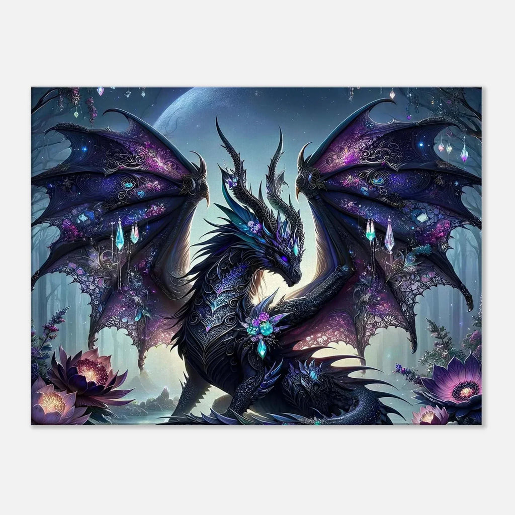 Black Gem Dragon on Wall Canvas with shimmering details in a mystical setting.