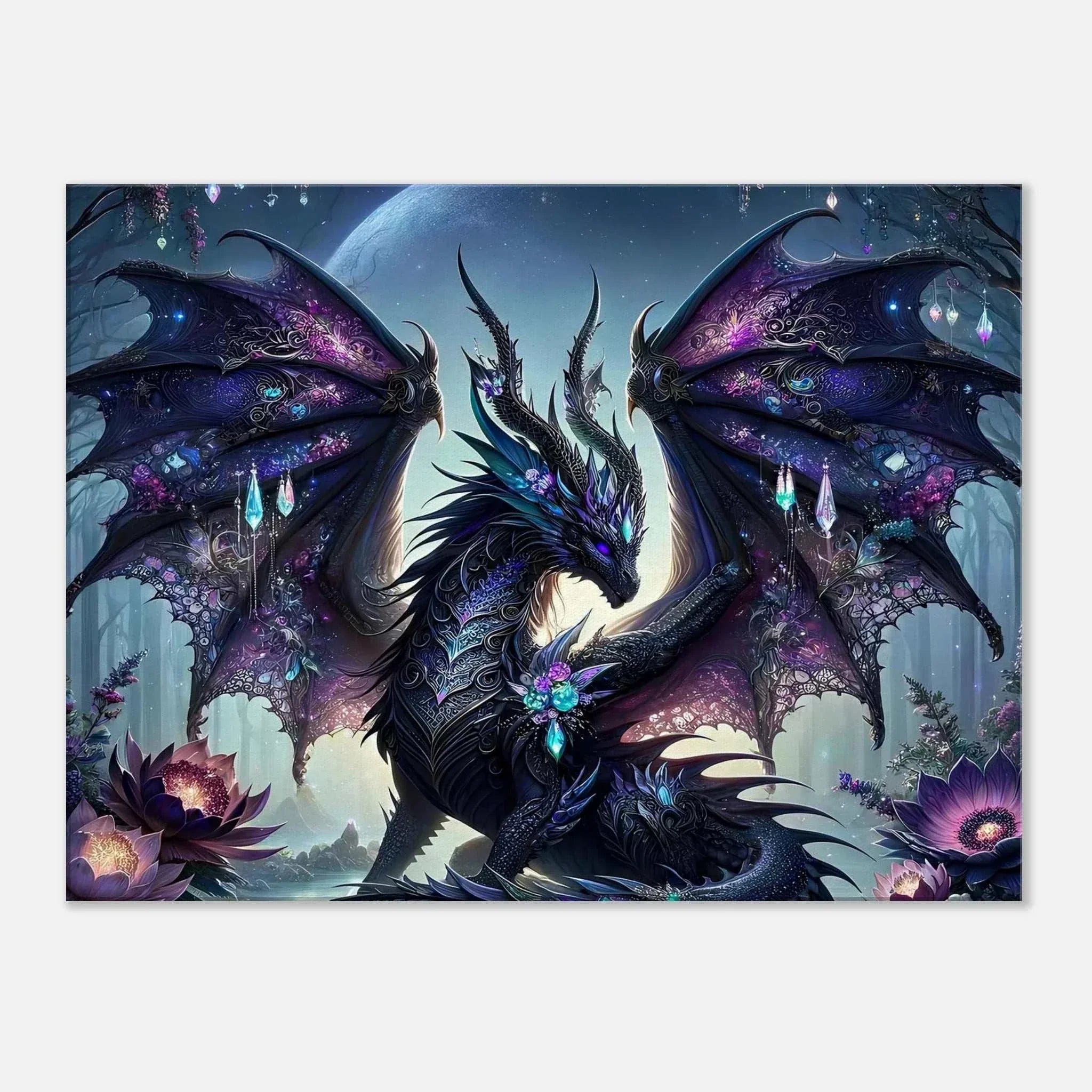 Black Gem Dragon on Wall Canvas with shimmering details in a mystical setting.
