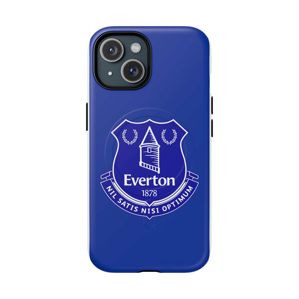 Everton FC MagSafe iPhone case in royal blue with club crest, dual-layer protection, and MagSafe compatibility