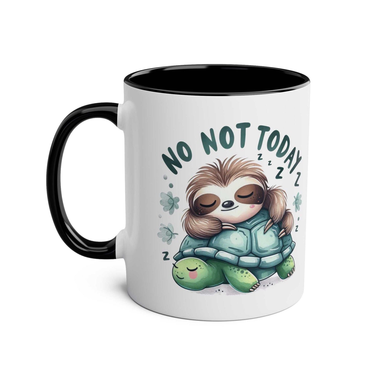 Cute sloth coffee mug with whimsical design, "No Not Today" text, perfect for animal lovers.