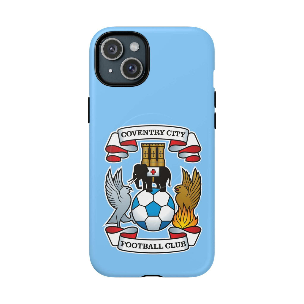 Coventry City Magsafe iPhone Case with sky blue color and football club crest, dual-layer protection, and MagSafe compatibility.