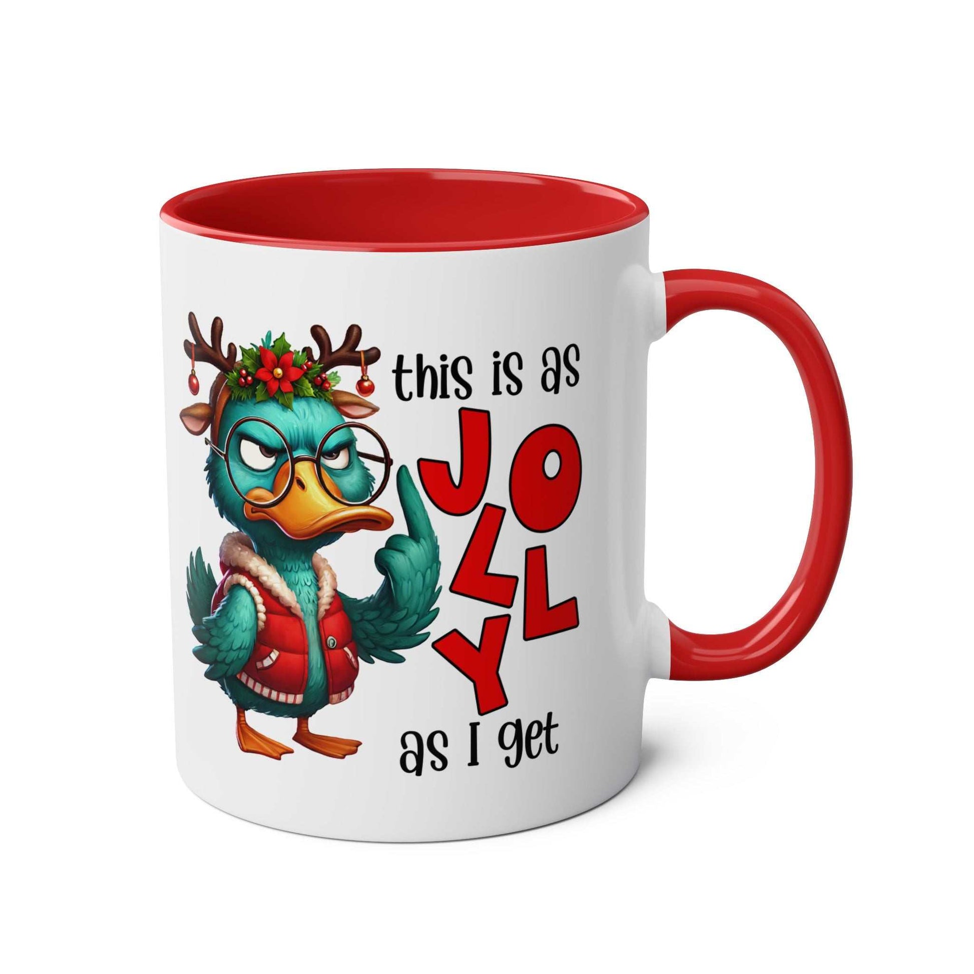 Sarky Christmas Mug with sassy duck design, festive red handle, ceramic, microwave and dishwasher safe.