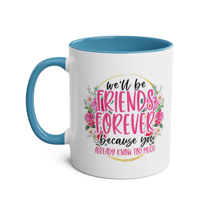 Friends Forever Coffee Mug with playful floral design and blue handle.