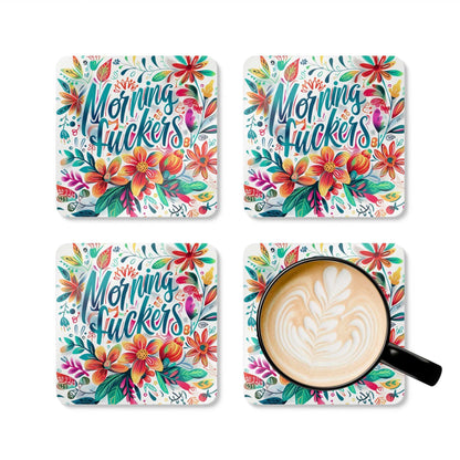 Colorful floral Morning Fuckers coaster set with a cheeky, fun design.