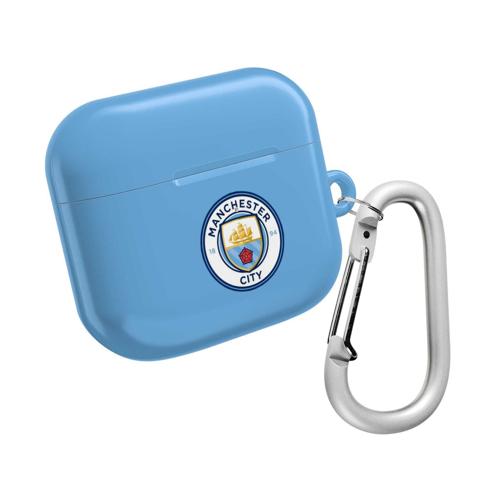 Manchester City FC AirPods protective case in sky blue with club crest and carabiner clip