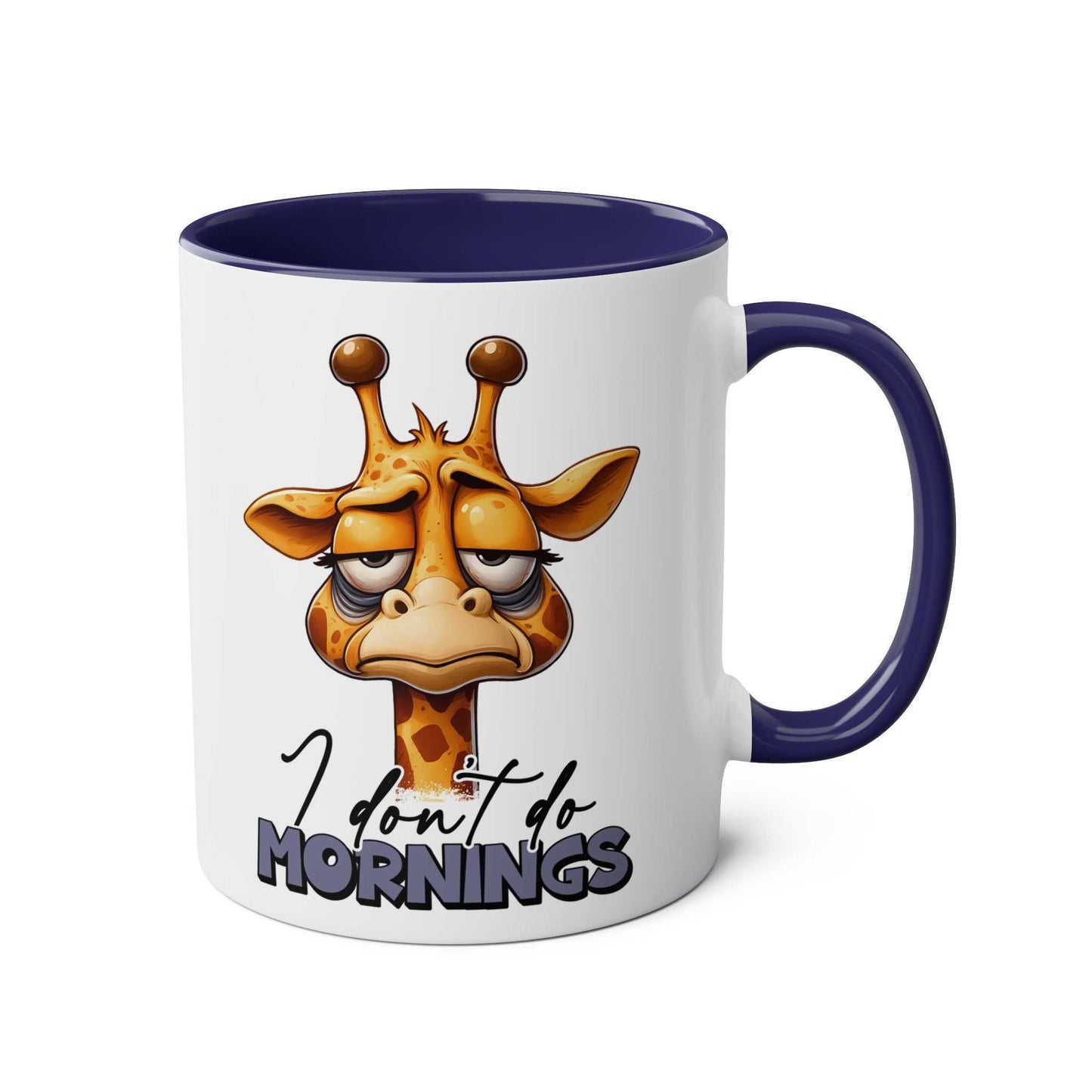 Dont Do Mornings Coffee Mug with playful giraffe design.