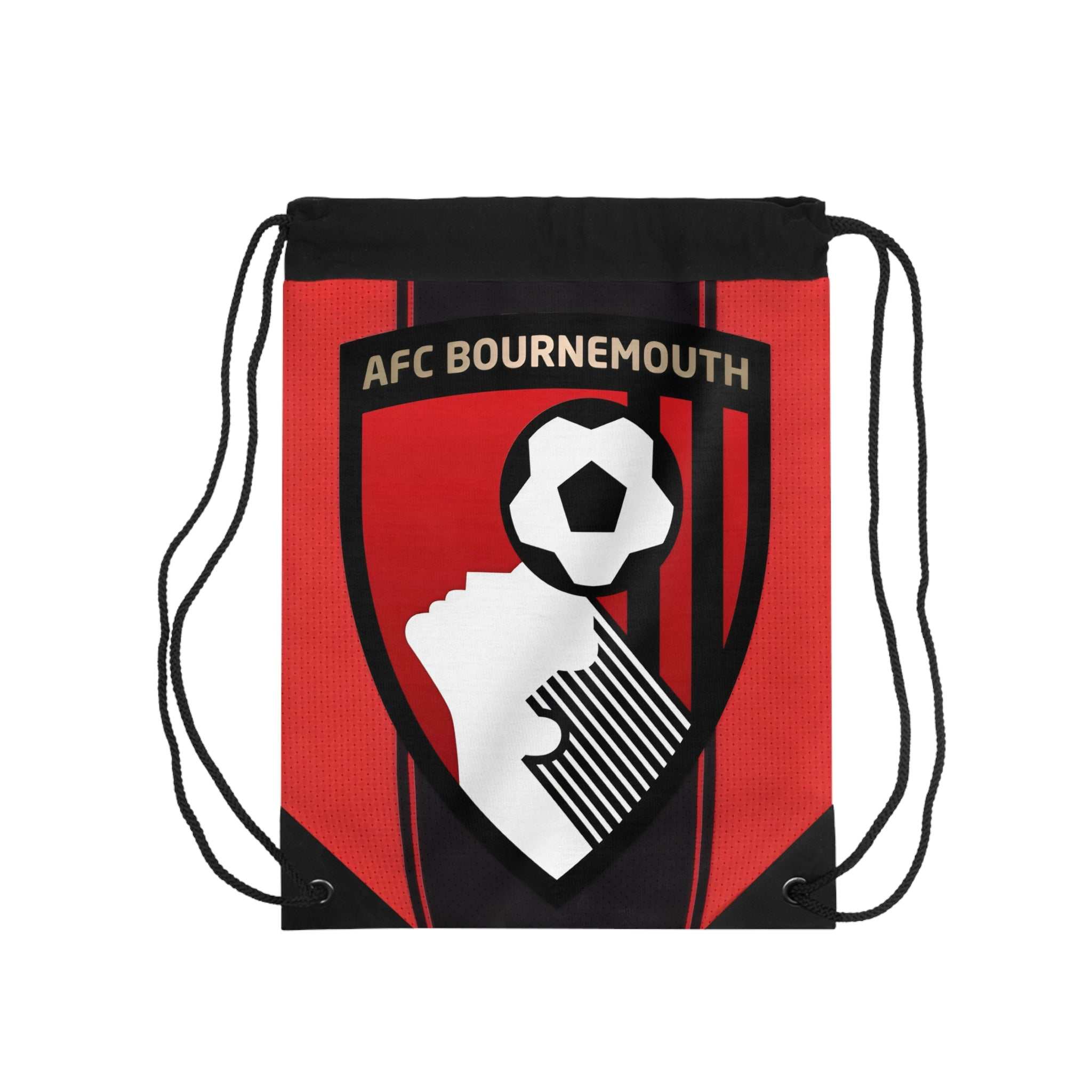 AFC Bournemouth drawstring bag with red and black stripes, club crest, lightweight polyester, and spacious interior for sports or everyday use.