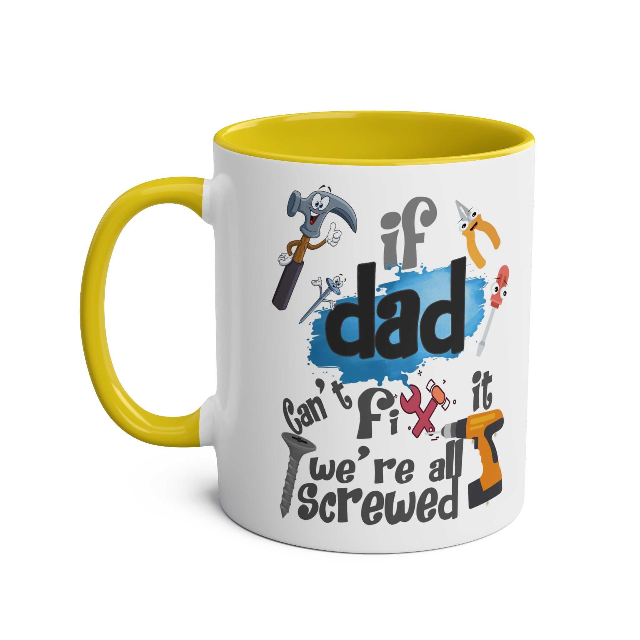 Fun Fathers Day Gift Mug with colorful handle and humorous printed design, perfect Father's Day present, 11oz ceramic, dishwasher safe.