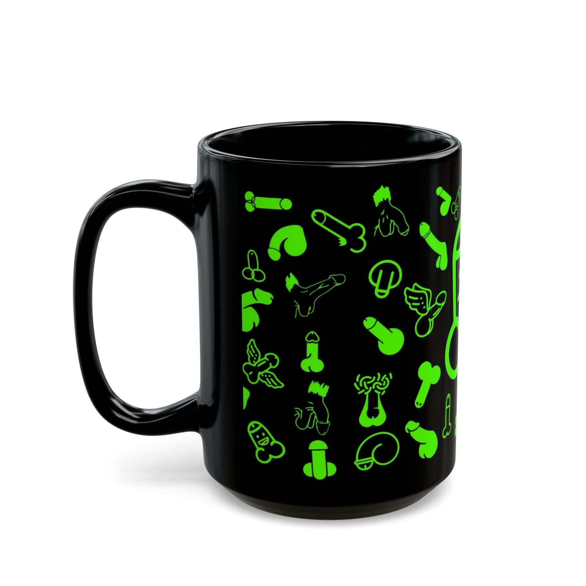 Black ceramic mug with green willie design, glossy finish, available in 11oz and 15oz sizes.