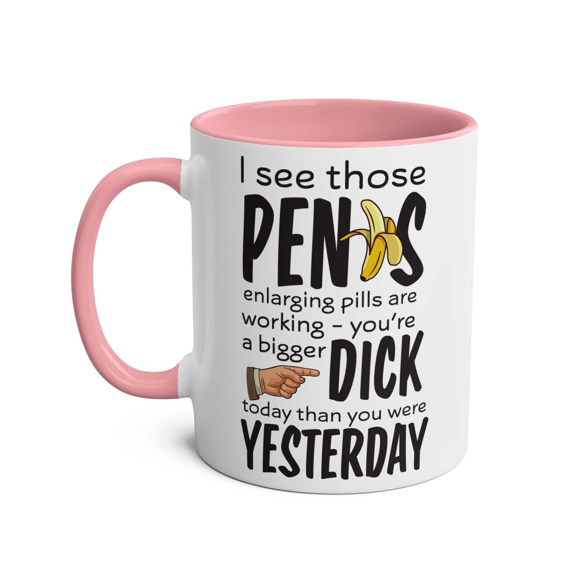 Cheeky Rude Ceramic Two Tone Mug with playful text and pink handle.