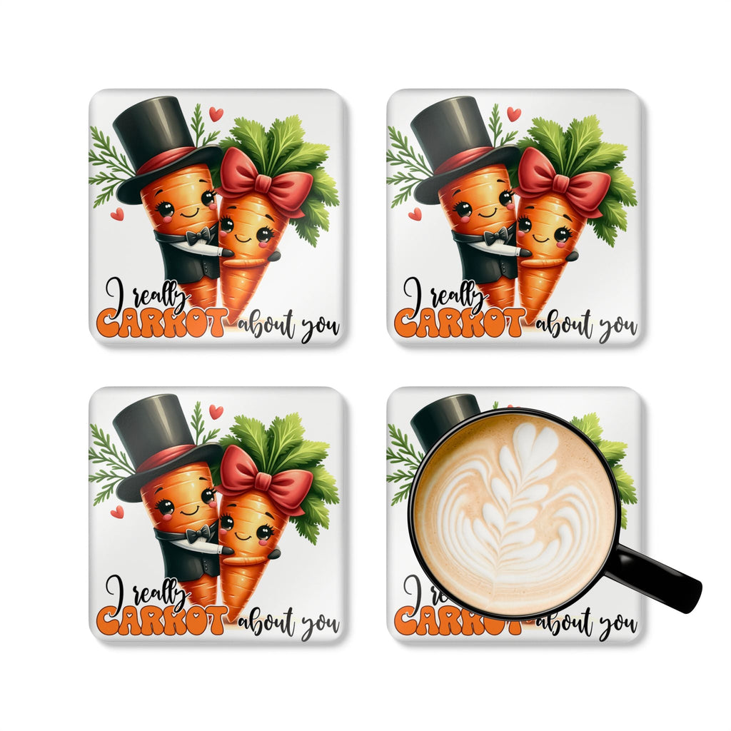 Carrot About You Coaster Set with whimsical carrot design, set of four coasters, high-gloss MDF, cork backing, 3.75" square, non-slip, water-repellent.