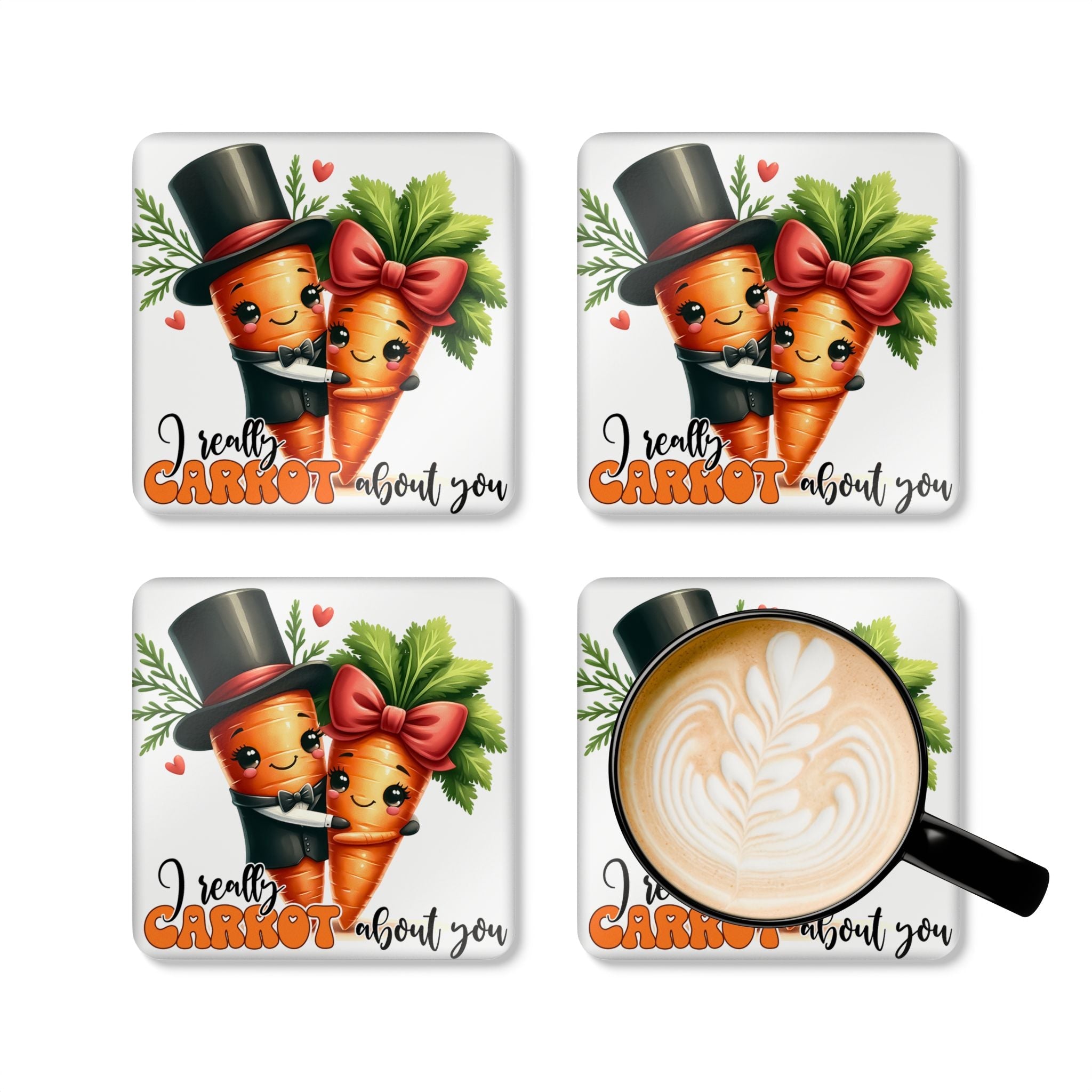 Carrot About You Coaster Set with whimsical carrot design, set of four coasters, high-gloss MDF, cork backing, 3.75" square, non-slip, water-repellent.
