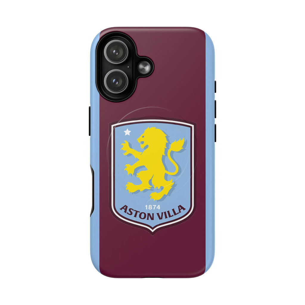 Aston Villa MagSafe iPhone case with club crest, claret and blue colors, dual-layer protection, and wireless charging compatibility