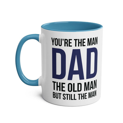 Fathers Day Gift Mug with humorous dad message and blue handle, perfect for Father's Day.