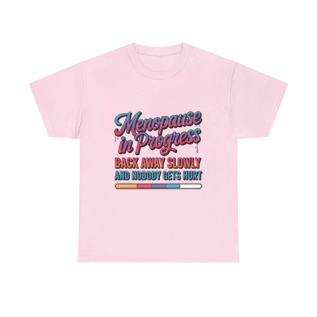 Menopause In Progress T-shirt with "Hot flashes loading" text and flame graphic, soft cotton fabric, designed for women embracing menopause with humor and confidence