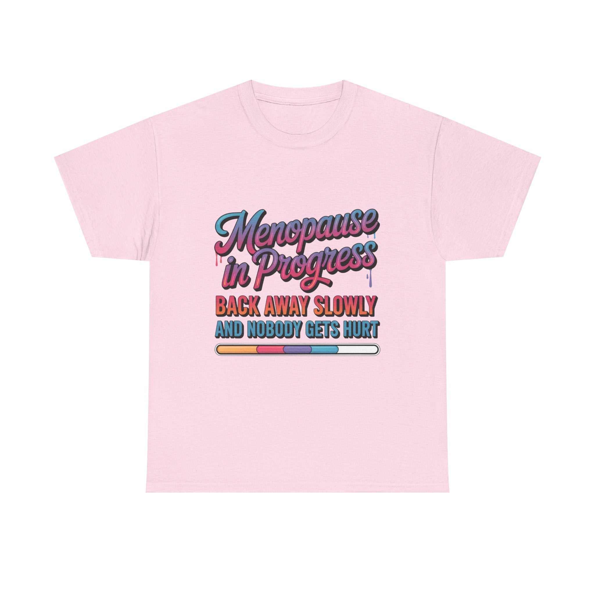 Menopause In Progress T-shirt with "Hot flashes loading" text and flame graphic, soft cotton fabric, designed for women embracing menopause with humor and confidence