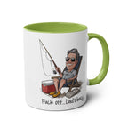Fun Fathers Day Gift Mug with humorous fishing illustration and green handle.