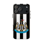 Newcastle United MagSafe iPhone case with black and white stripes and club crest, durable dual-layer protection, MagSafe compatible, slim and lightweight design