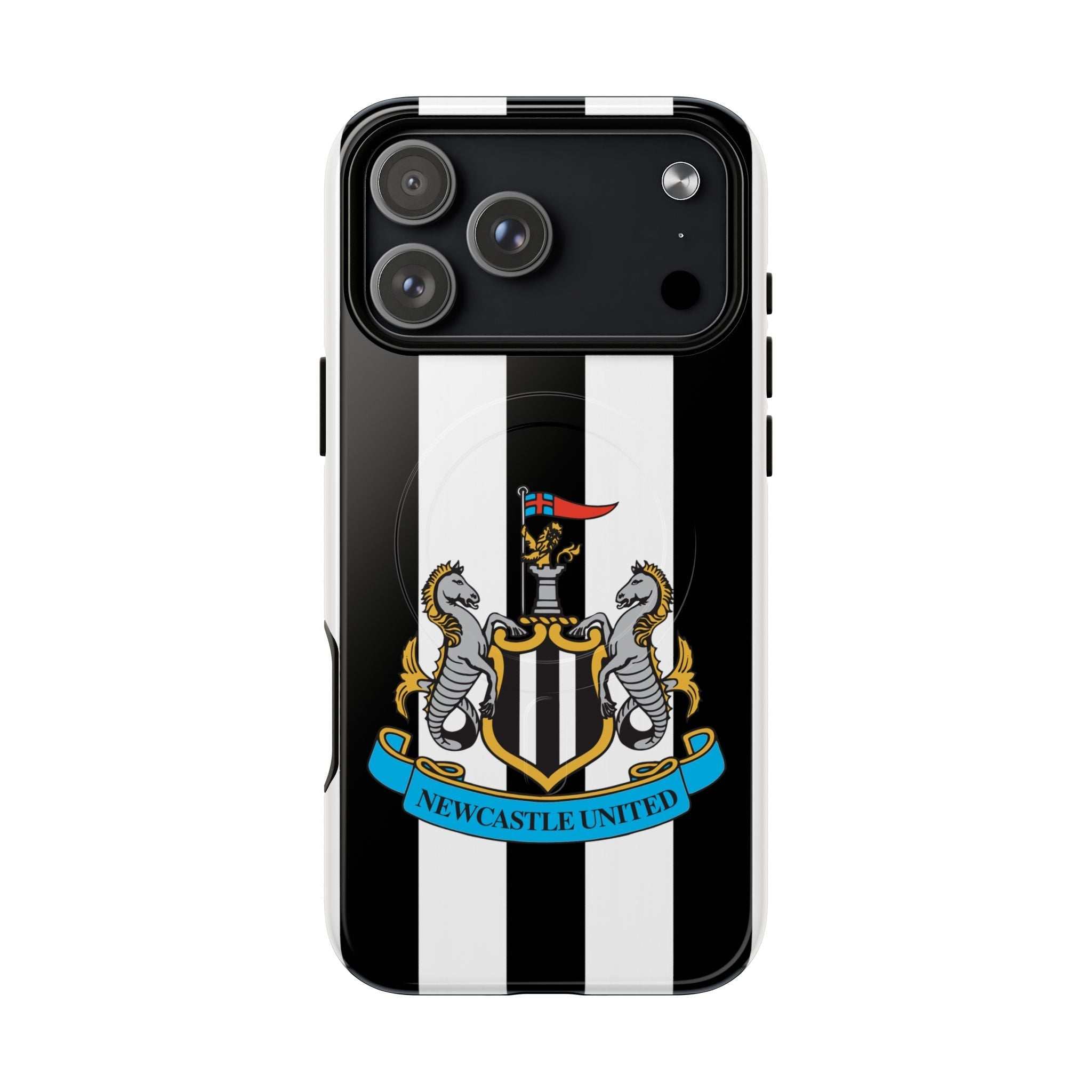 Newcastle United MagSafe iPhone case with black and white stripes and club crest, durable dual-layer protection, MagSafe compatible, slim and lightweight design