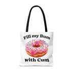 Provocative Donut Tote Bag with cheeky design, durable polyester, and colorful handles for everyday use