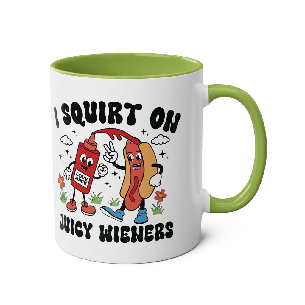 I Squirt on Juicy Wieners Mug with cheeky adult joke design, glossy finish, and vibrant sublimation print on two-tone ceramic cup