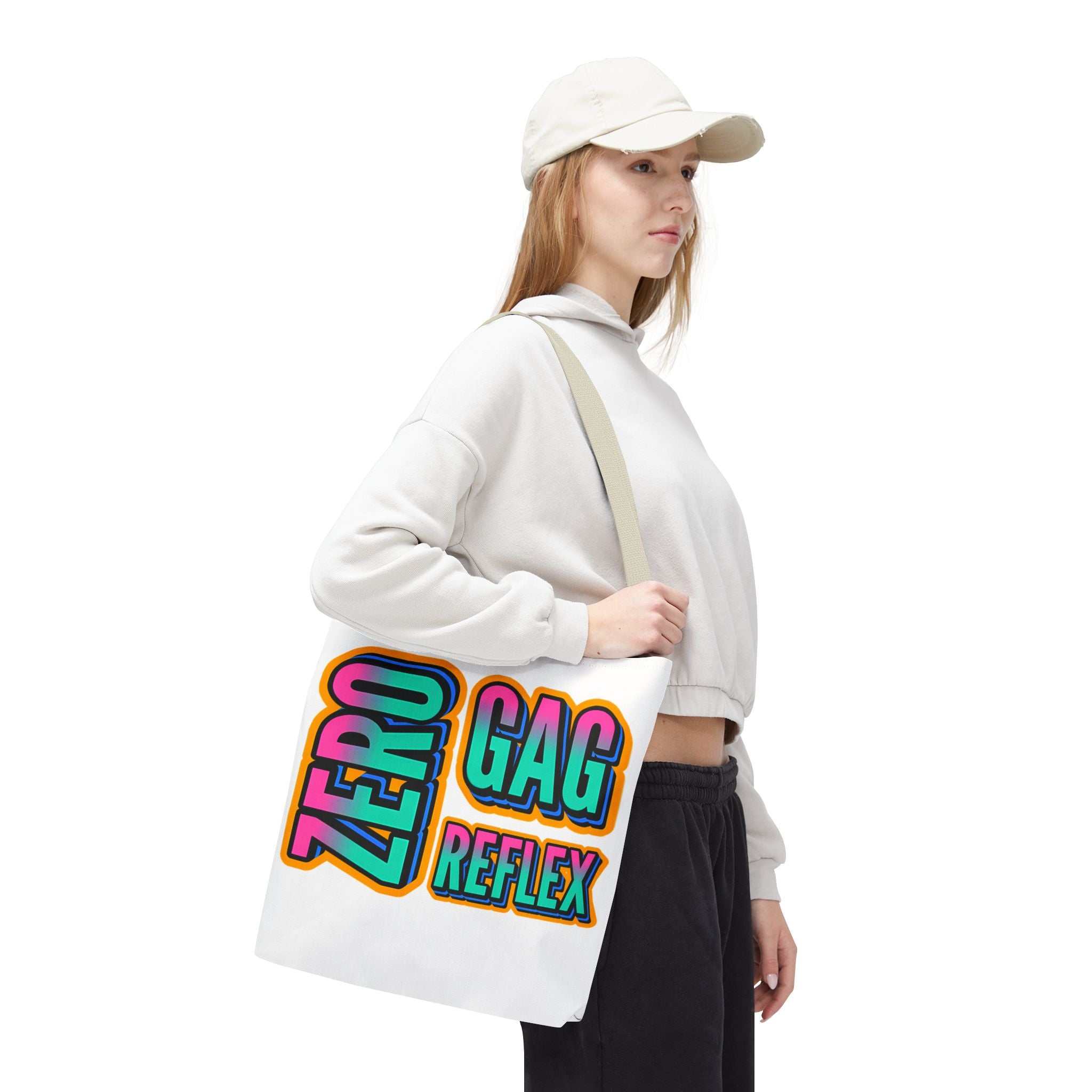Zero Gag Reflex Tote Bag with cheeky design, durable spun polyester, and multiple handle color options