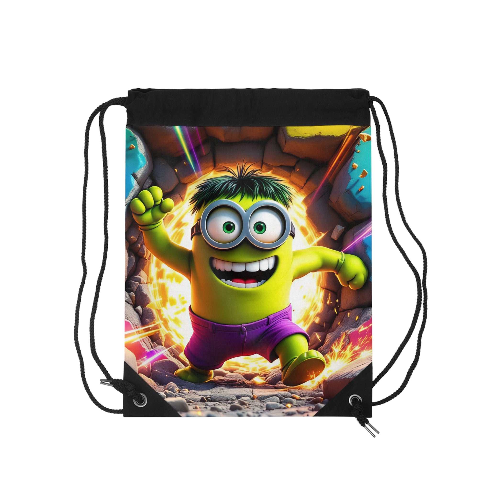 Minion Hulk drawstring bag with vibrant superhero design, durable polyester, and easy open closure.