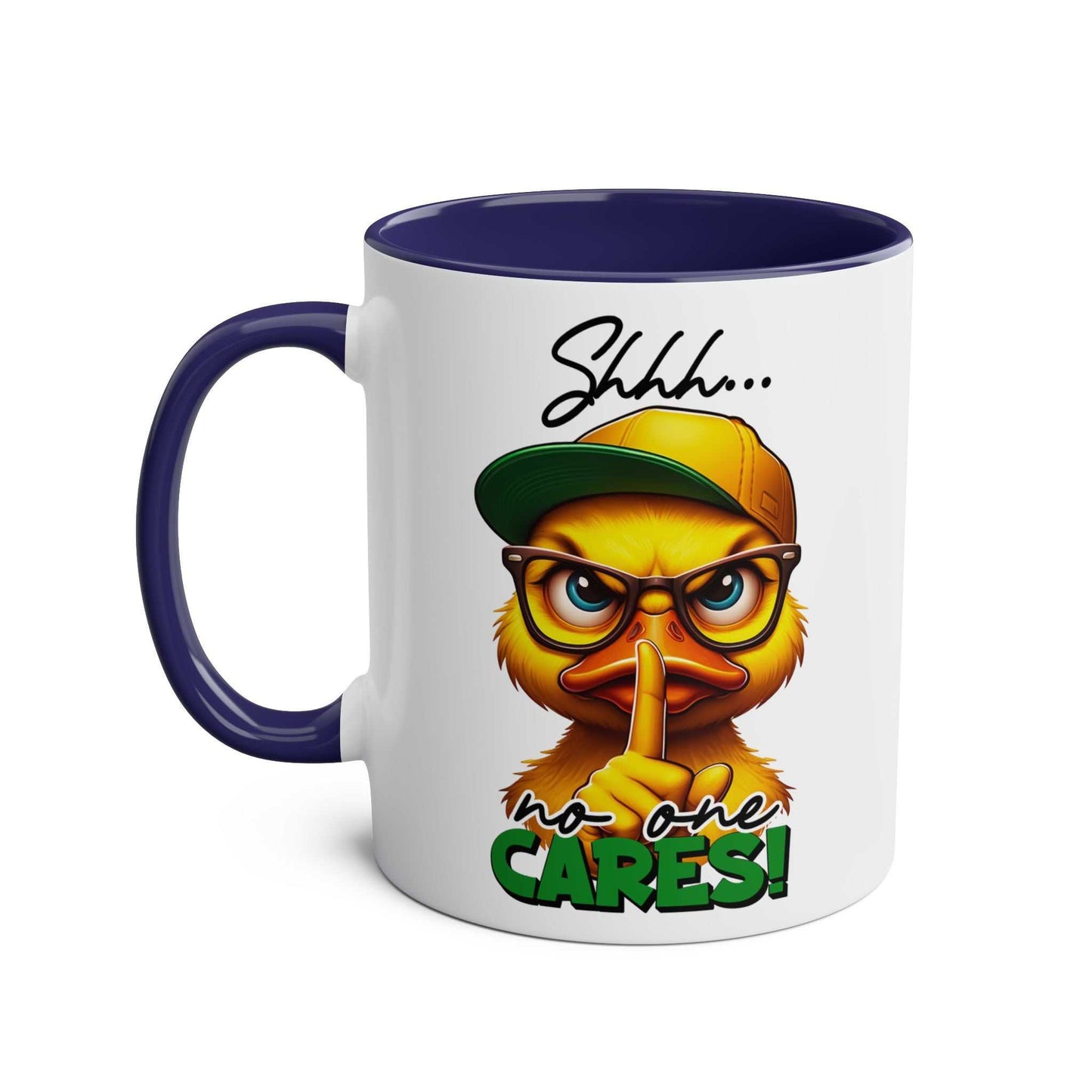 Sarky duck design on 'No One Cares' coffee mug with "shhh" message, glossy finish, 11oz ceramic, blue interior.