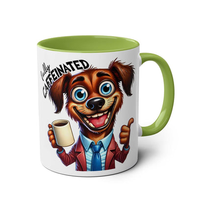 Fun Sarcastic Coffee Mug featuring a humorous caffeinated dog design with green handle.