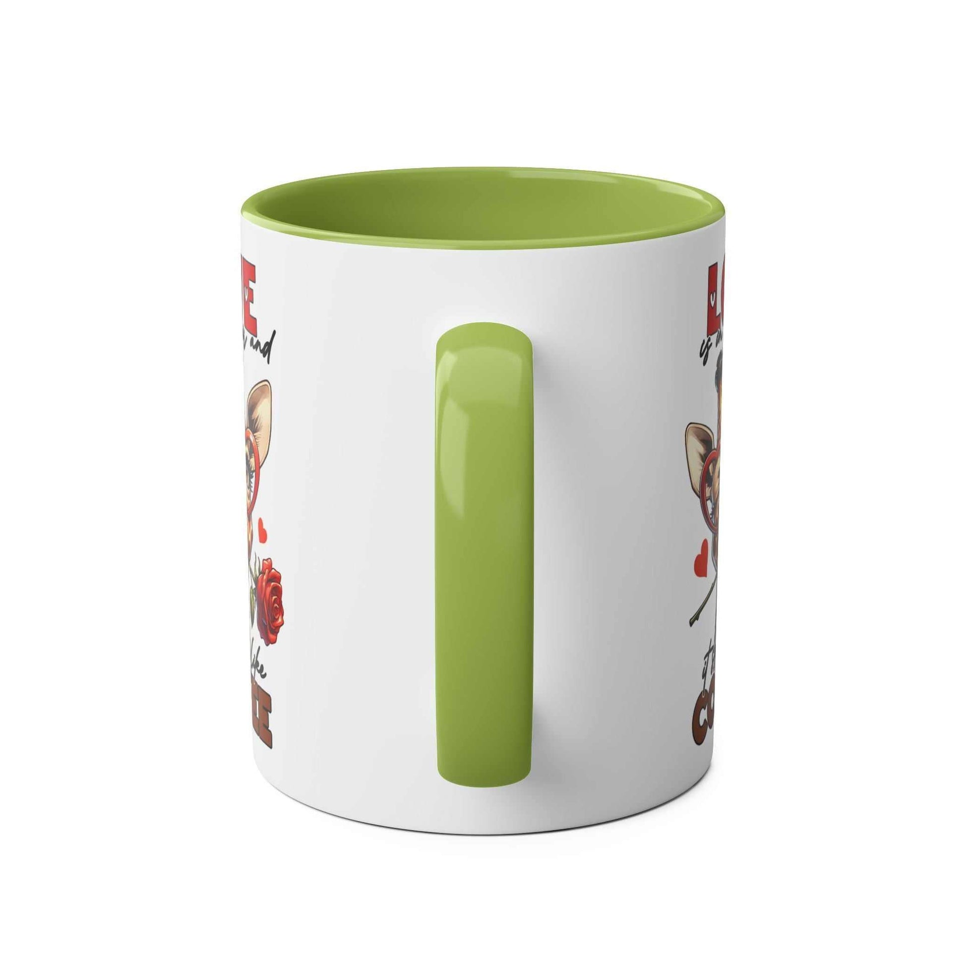 Giraffe design coffee mug with green handle, 11oz ceramic, dishwasher and microwave safe.