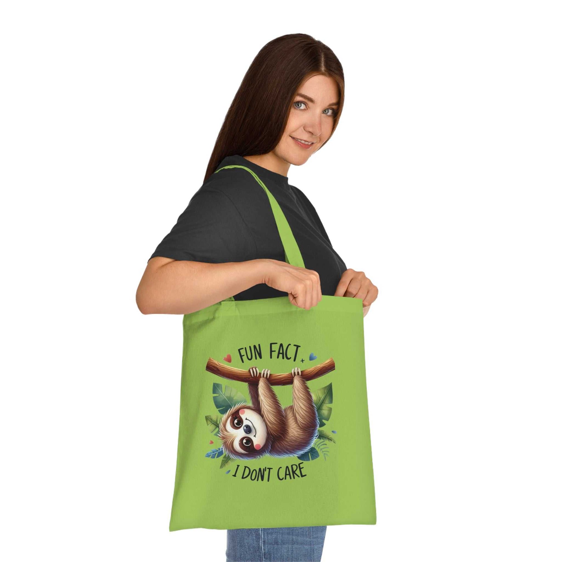 Cute sloth tote bag with vibrant design, 100% cotton, ideal for playful and stylish daily use.