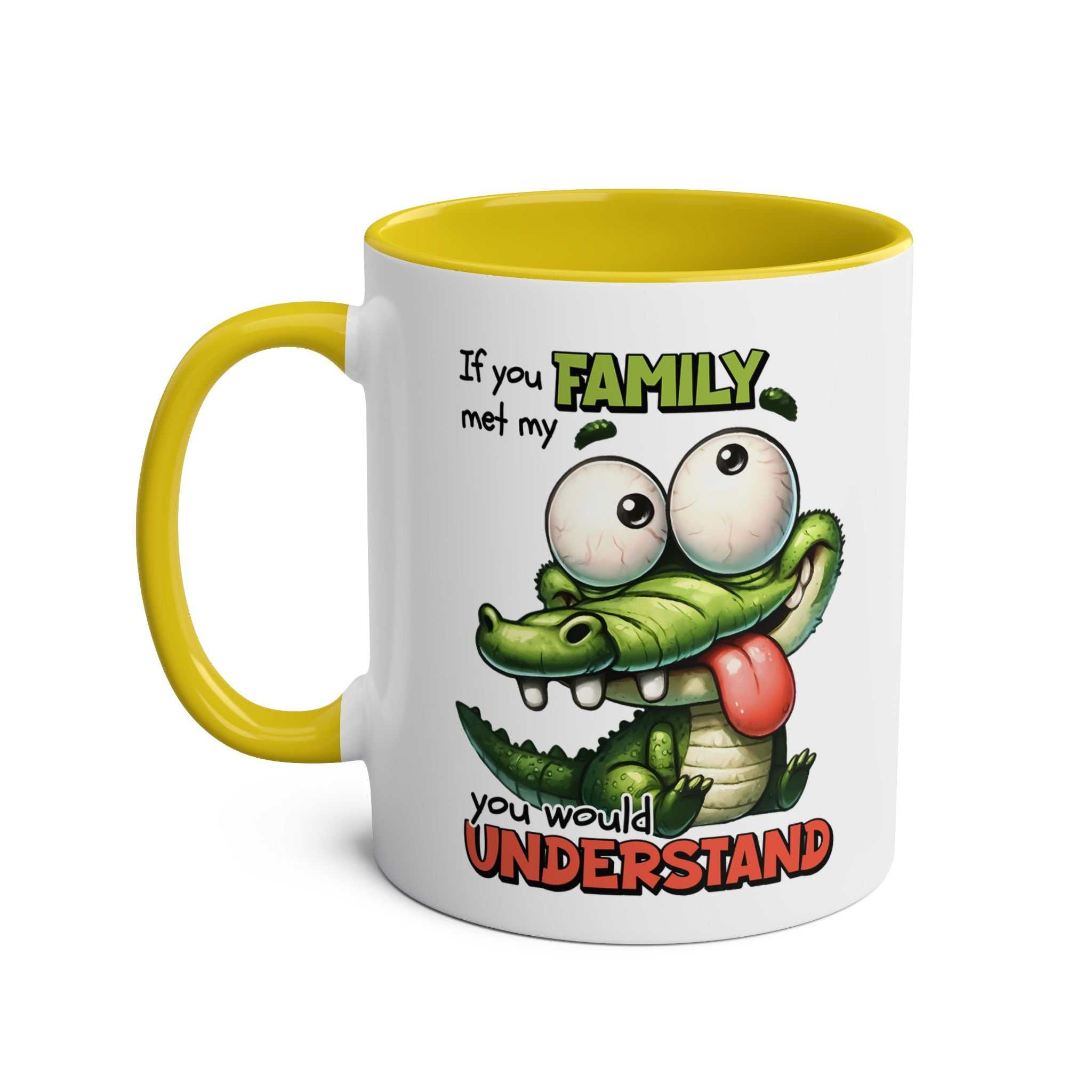 Playful crocodile design on a Family Coffee Mug with yellow handle.