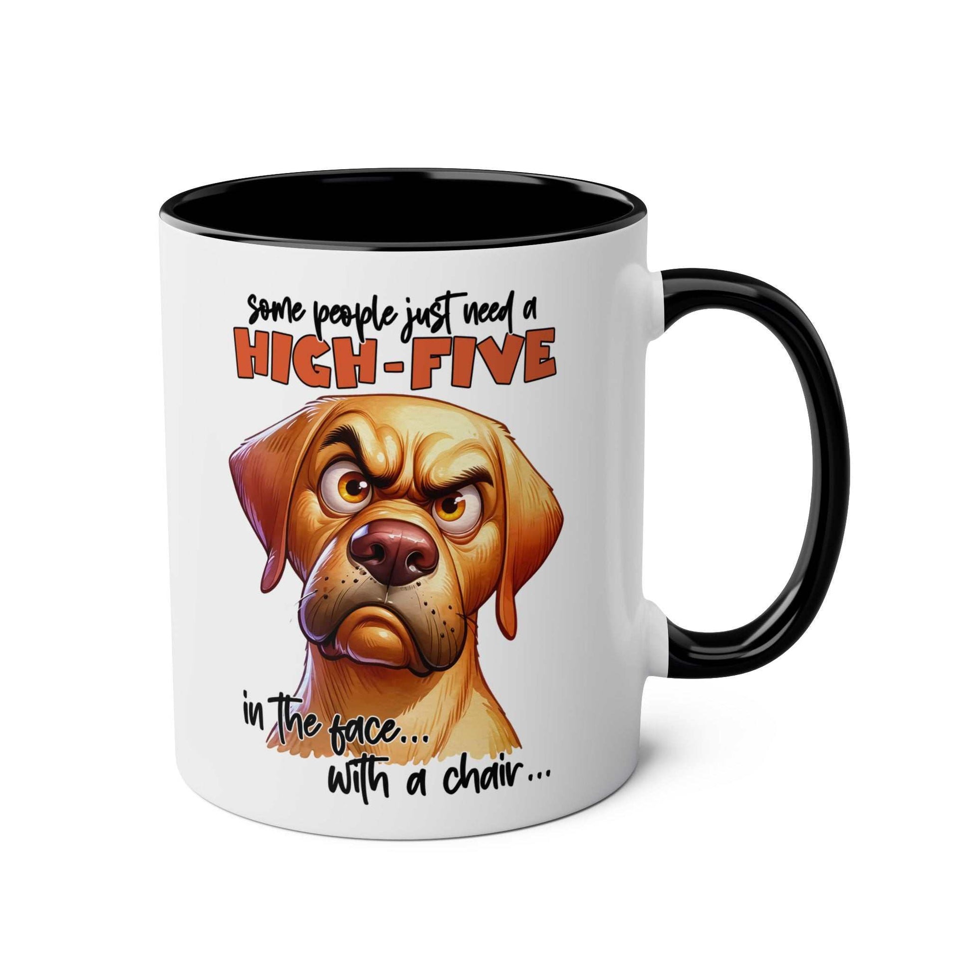 High Five Coffee Mug with snarky dog graphic, ceramic, glossy finish, microwave and dishwasher safe.