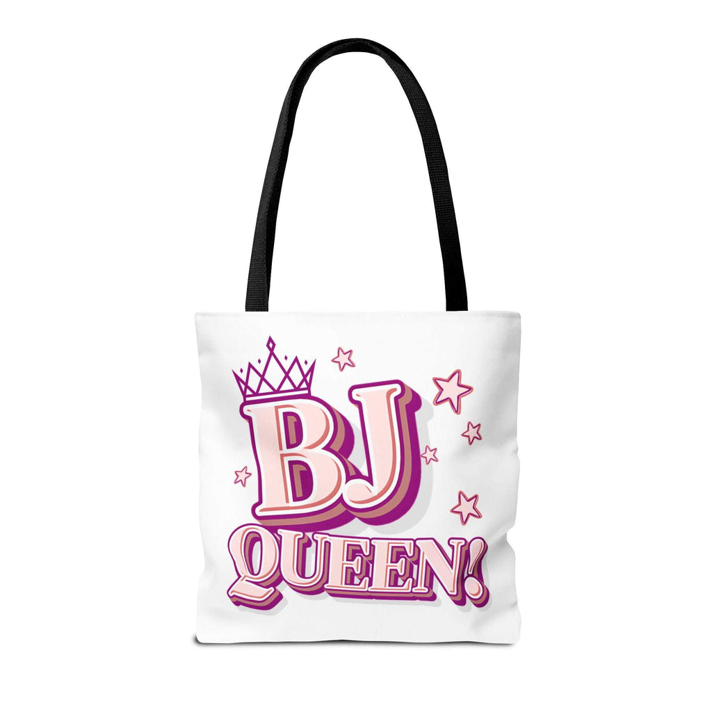 BJ Queen Tote Bag with cheeky design, durable spun polyester, multiple sizes and handle color options