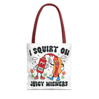 Cheeky Juicy Wieners Fun Tote Bag with hot dog print and cotton straps