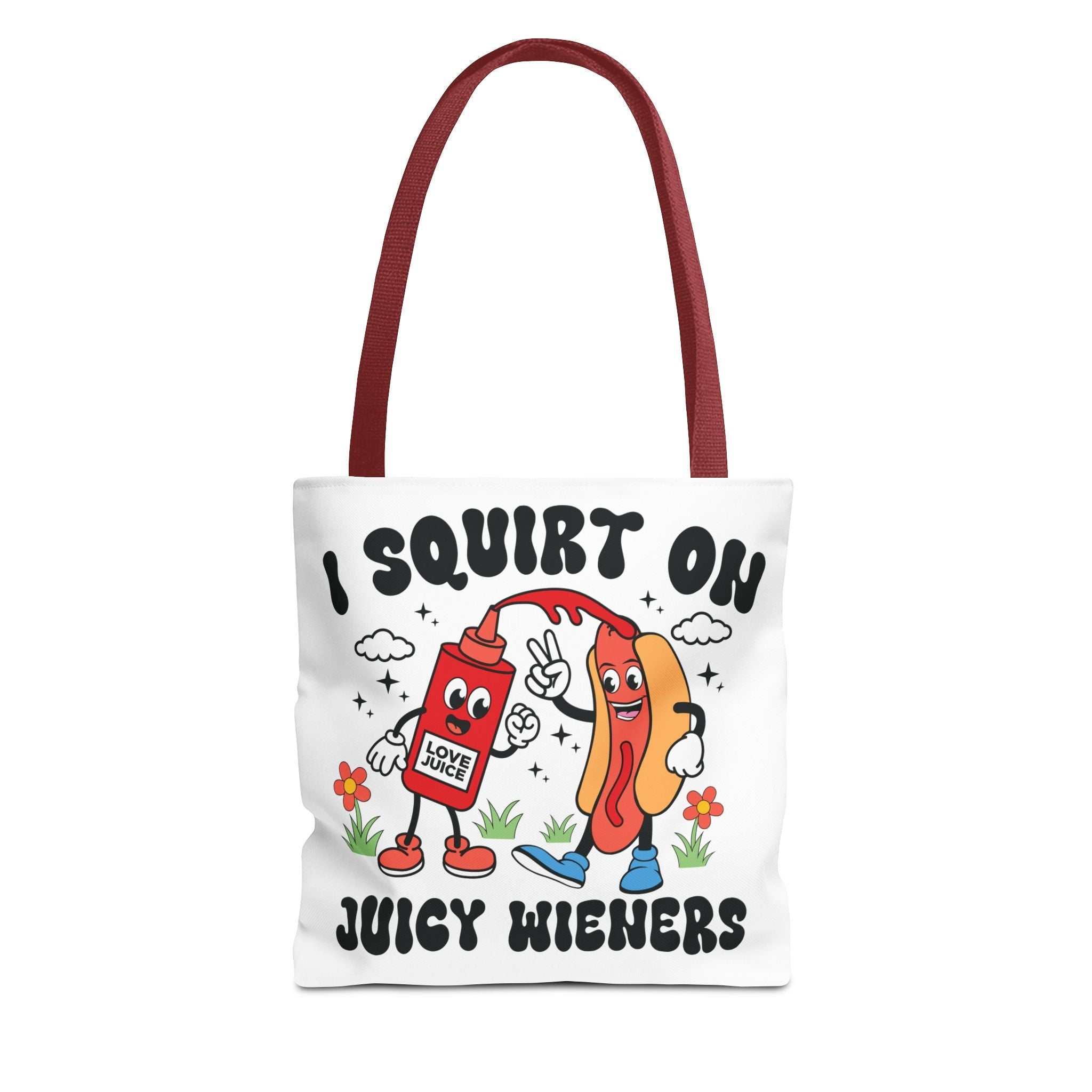 Cheeky Juicy Wieners Fun Tote Bag with colorful handles and durable spun polyester design