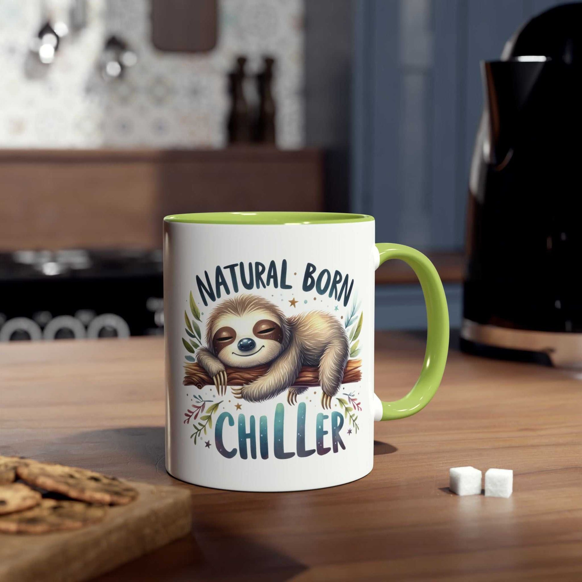 Cute sloth coffee mug with a whimsical design, perfect for animal lovers; "Natural Born Chiller" text.