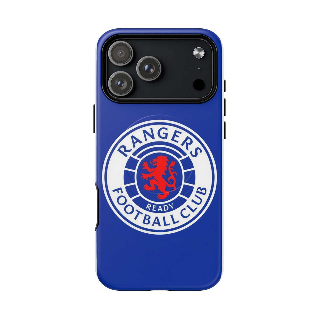 Rangers FC MagSafe iPhone case in royal blue with club crest, dual-layer protection, and MagSafe compatibility