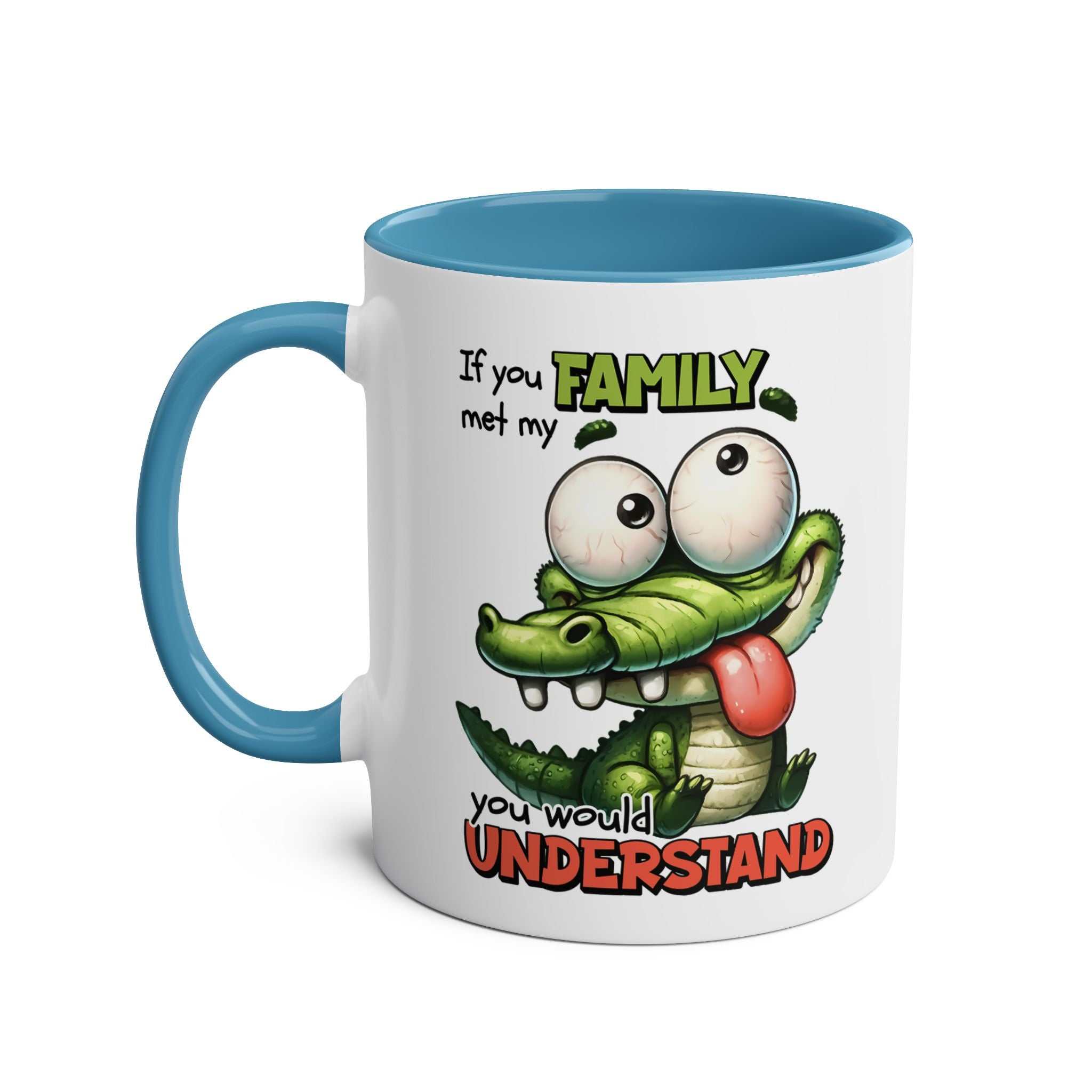 Quirky crocodile-themed family coffee mug with blue handle and fun design.