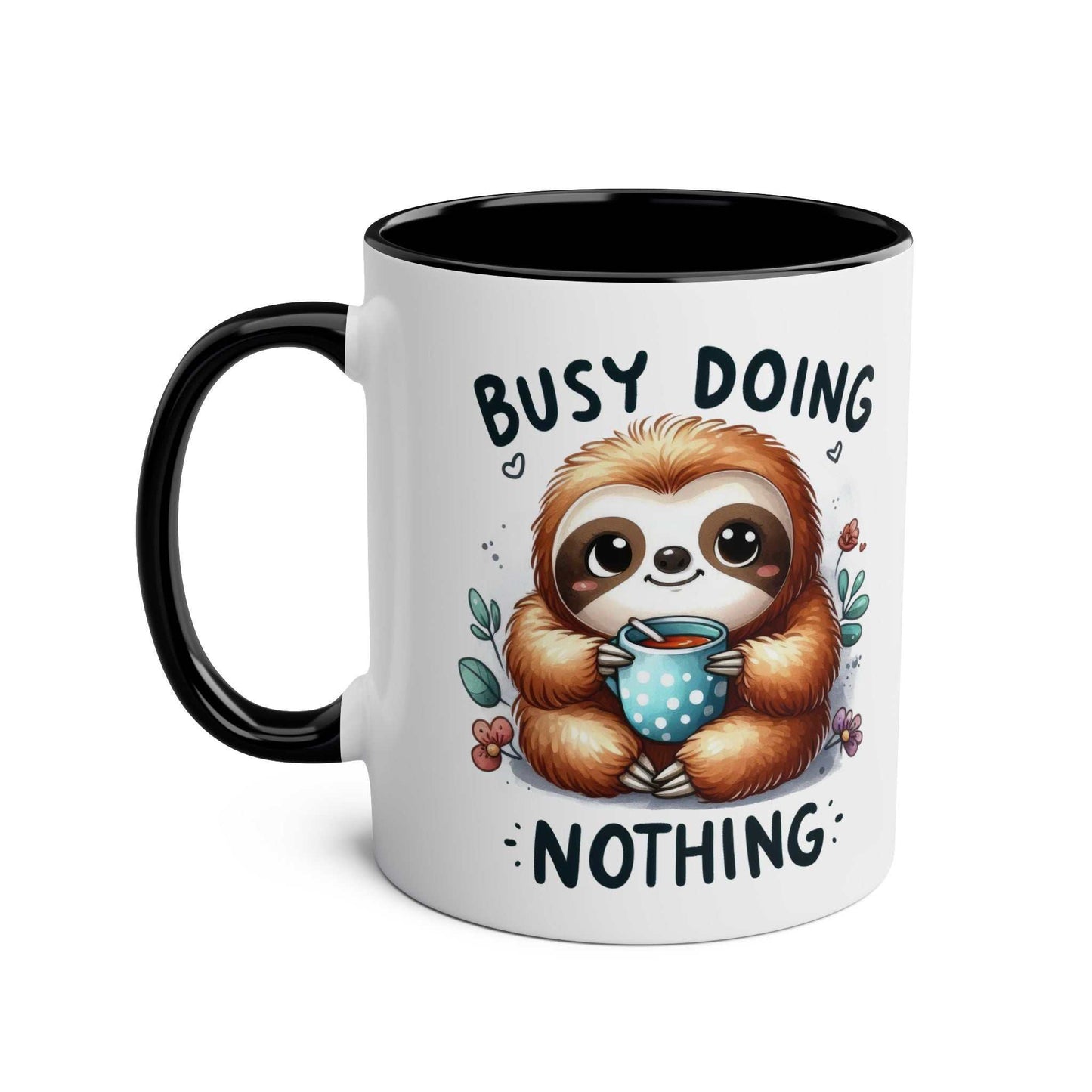 Cute sloth coffee mug with "Busy Doing Nothing" slogan, ideal for animal lovers, 11oz ceramic, microwave and dishwasher safe.