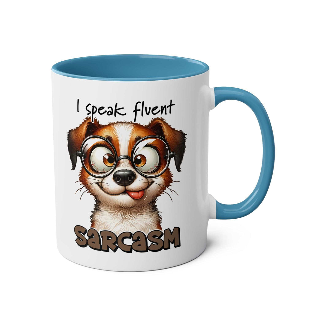Sarcasm Coffee Mug with quirky dog design and "I speak fluent sarcasm" text.
