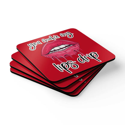 You Make My Lips Drip Coaster Set with red lips design, high-gloss MDF top, and cork back.