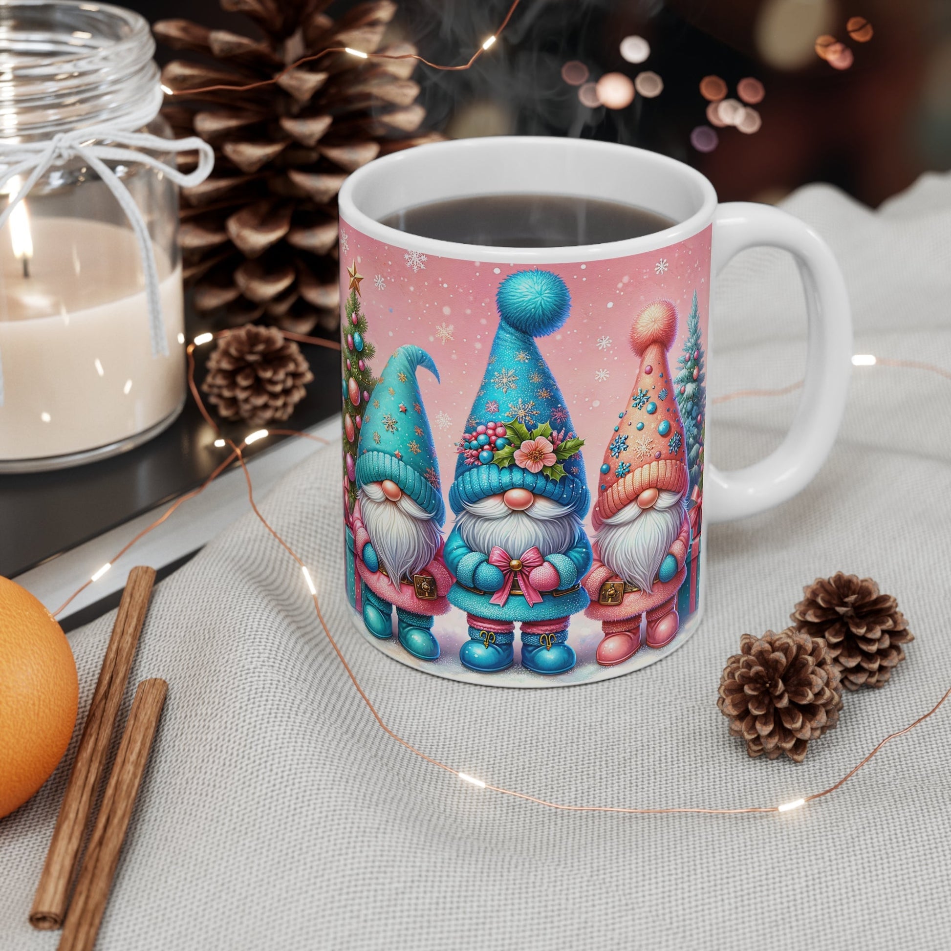 Christmas gnome mug with festive design, 11oz ceramic, glossy finish.