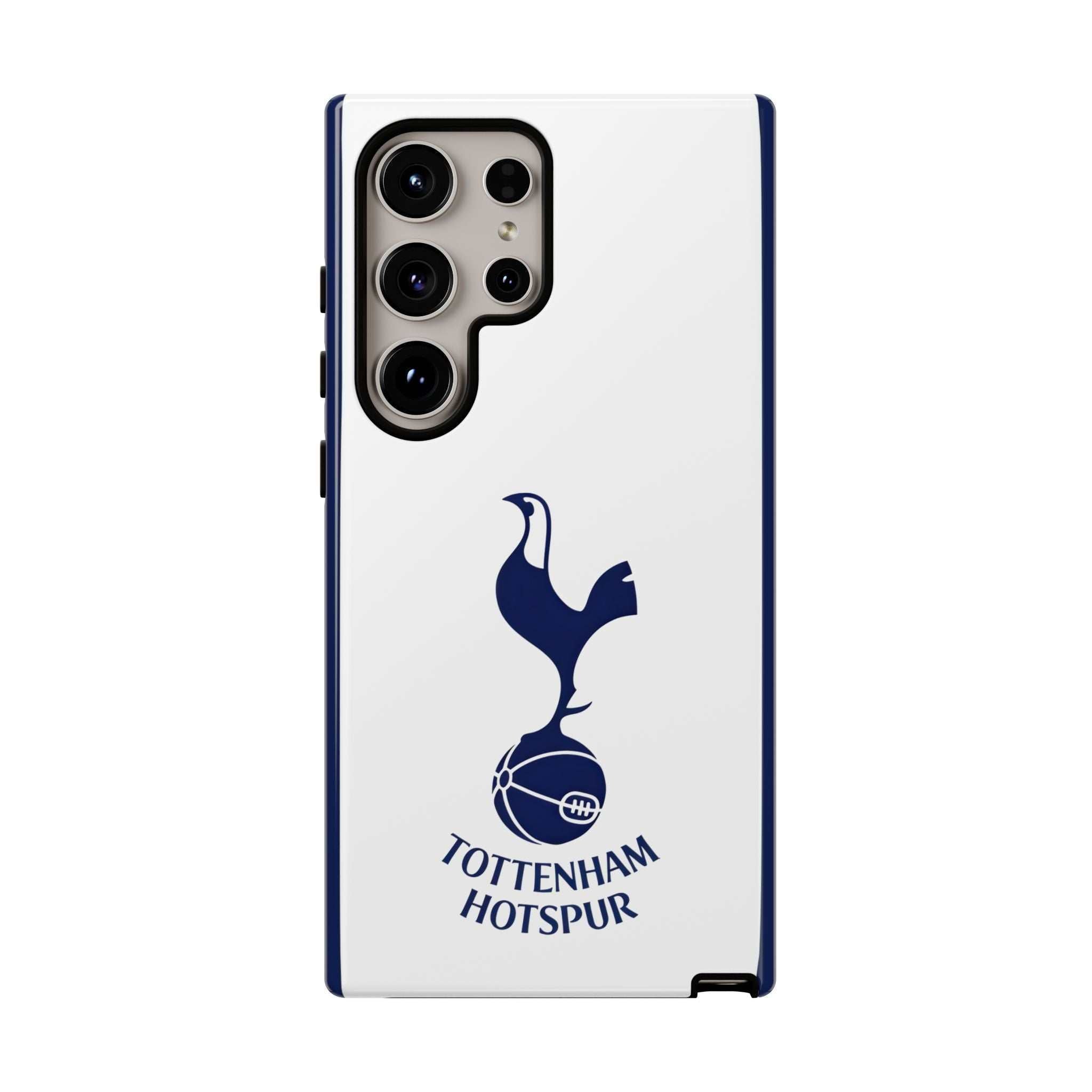 Tottenham FC magnetic Samsung phone case in white and navy with official-inspired crest, dual-layer protection, and wireless charging compatibility