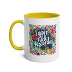 I Gave a Fuck Coffee Mug with bright floral design and yellow interior.