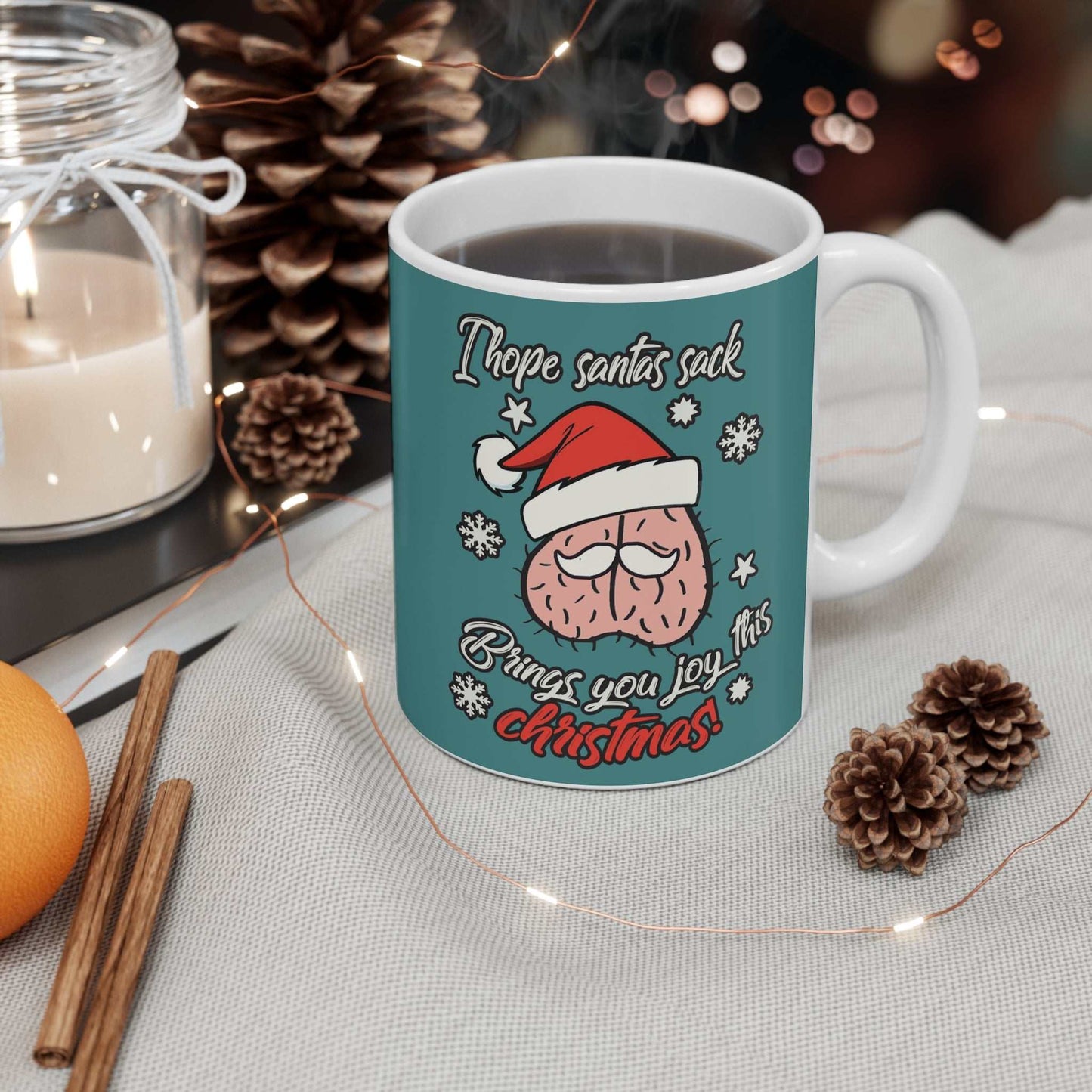 Santas Sack Christmas Mug with festive design and holiday message, 11oz ceramic, glossy finish.