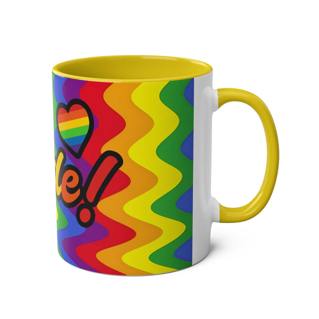 LGBTQ+ Pride mug with vibrant rainbow design and heart, glossy finish, 11oz ceramic.