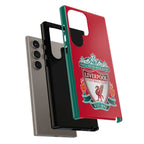 Liverpool FC Magnetic shockproof Samsung Galaxy case in red with dual-layer defense and wireless charging compatibility