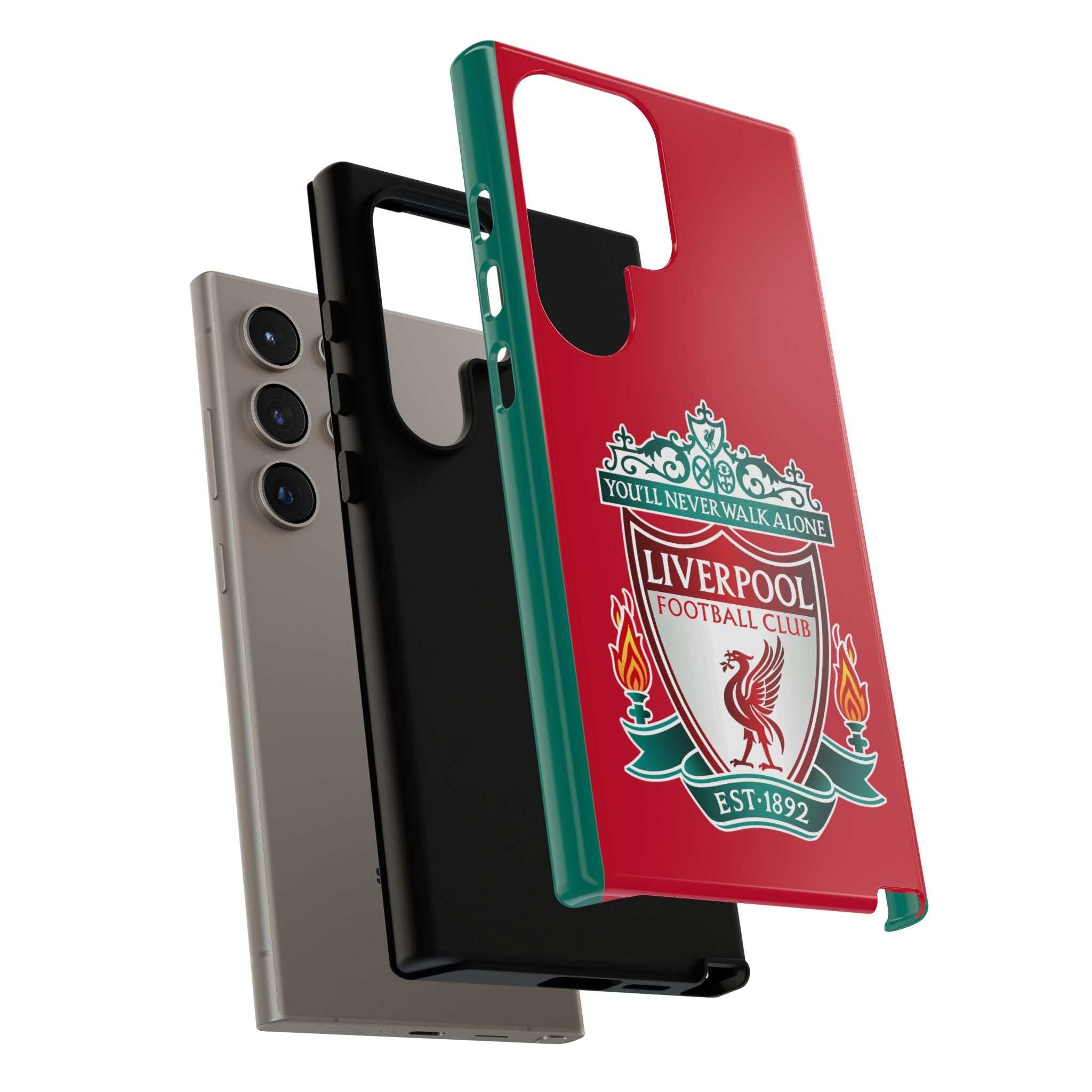 Liverpool FC Magnetic shockproof Samsung Galaxy case in red with dual-layer defense and wireless charging compatibility